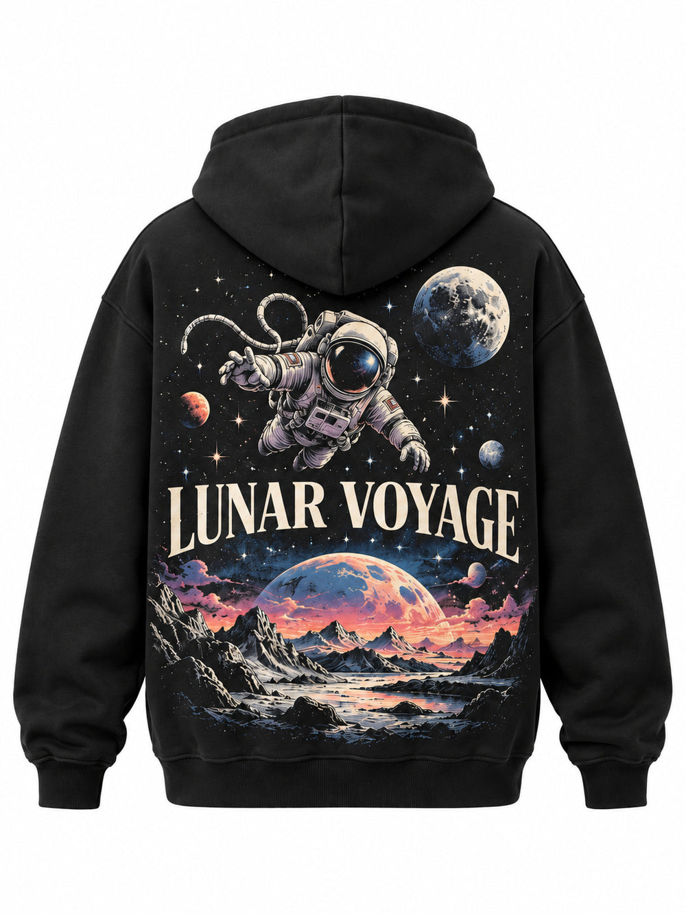 Back view of the Lunar Voyage black DTG print oversized hoodie with retro astronaut floating above a colorful lunar landscape, captioned LUNAR VOYAGE