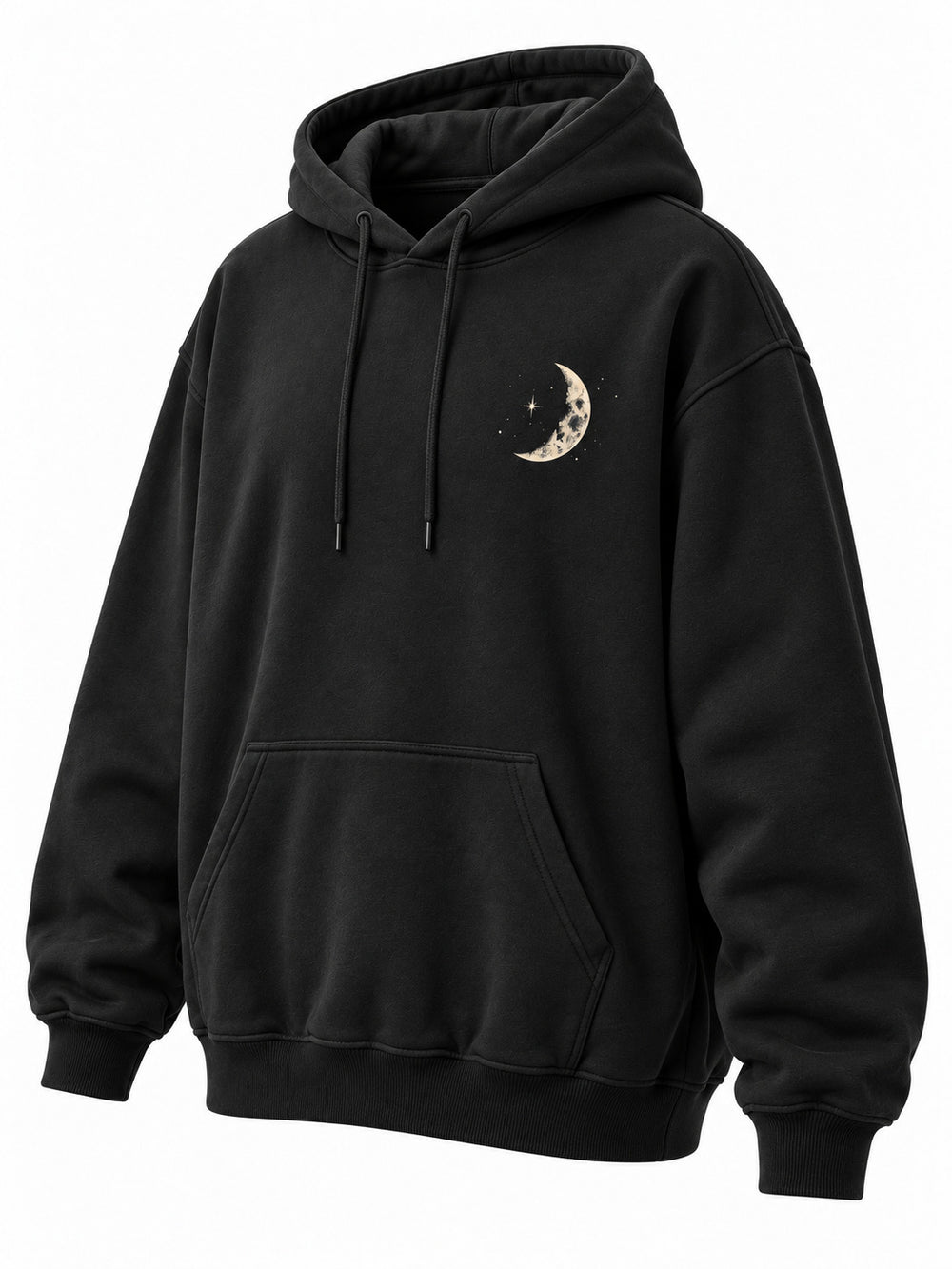 Front three-quarter view of the Lunar Voyage black DTG print oversized hoodie