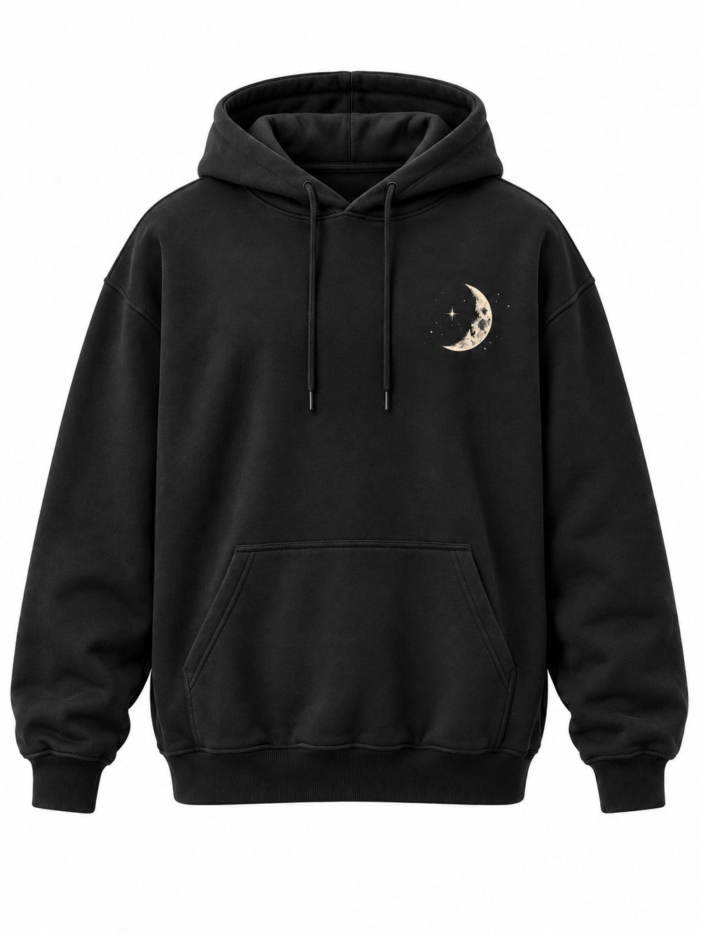 Front view of the Lunar Voyage black DTG print oversized hoodie with small cream moon on the left chest