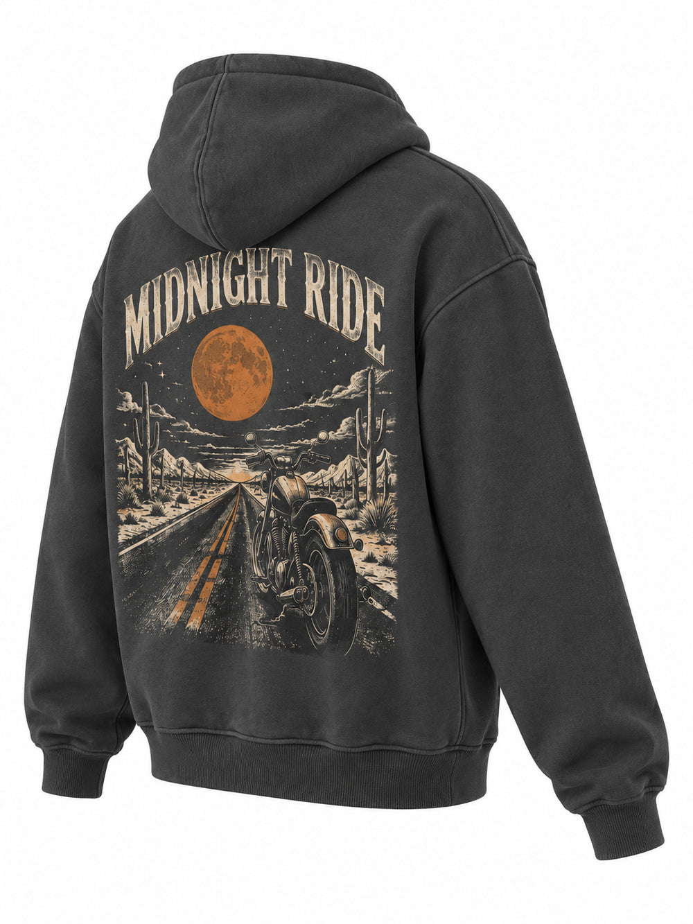Rear three-quarter view of the Midnight Ride charcoal DTG print boxy hoodie