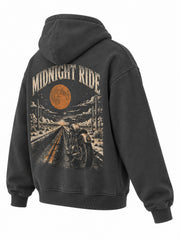 Rear three-quarter view of the Midnight Ride charcoal DTG print boxy hoodie