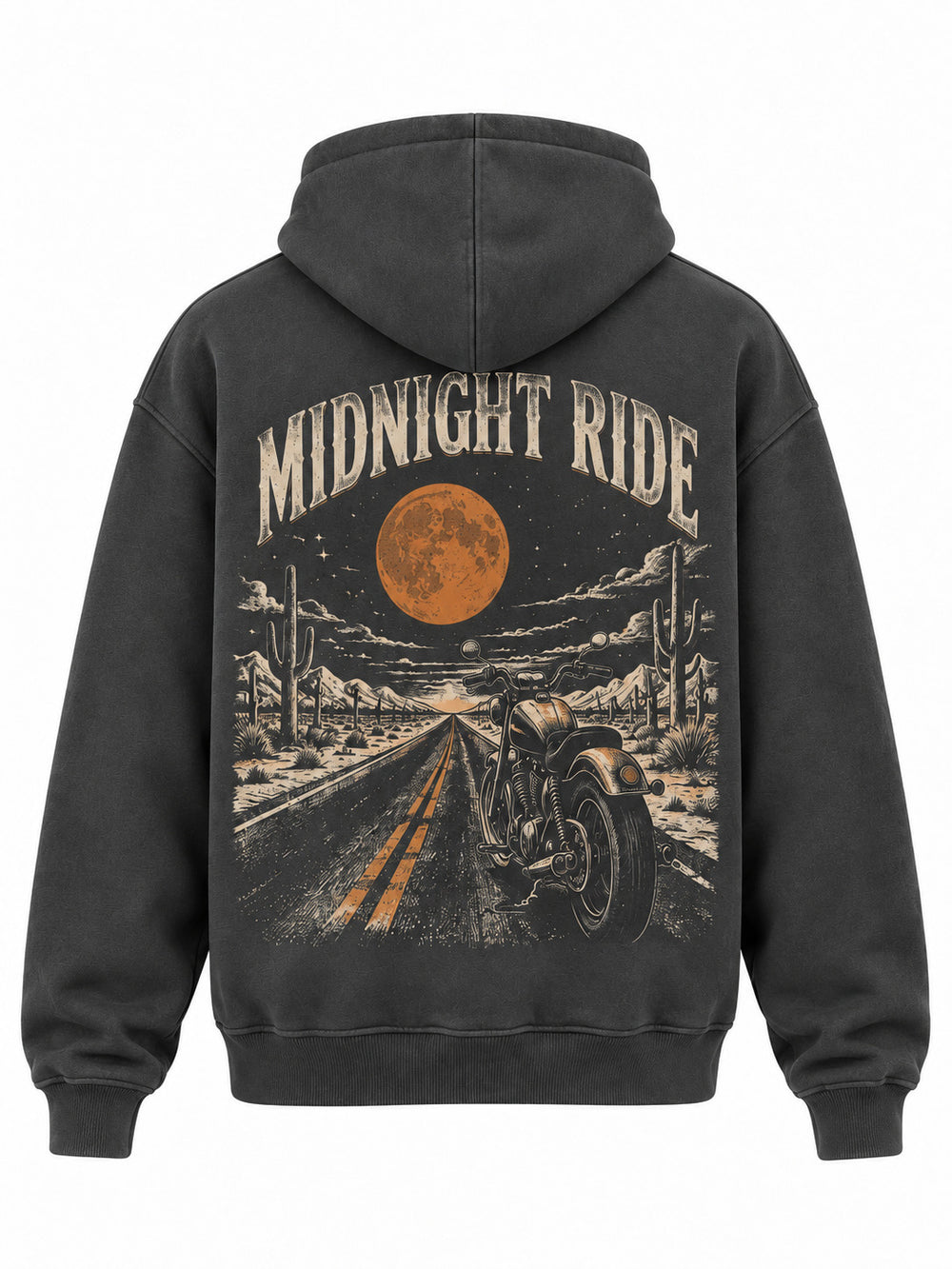 Back view of the Midnight Ride charcoal DTG print boxy hoodie with vintage motorcycle on a desert night road under a rust orange moon, captioned MIDNIGHT RIDE