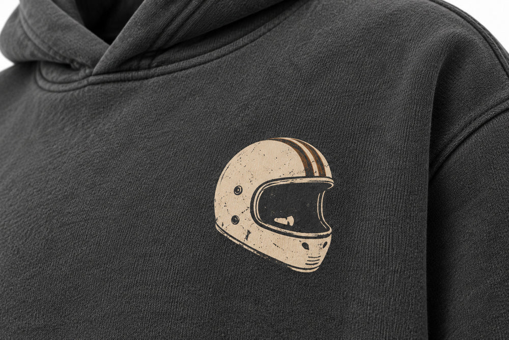 Close-up of the DTG print decoration on the Midnight Ride charcoal DTG print boxy hoodie