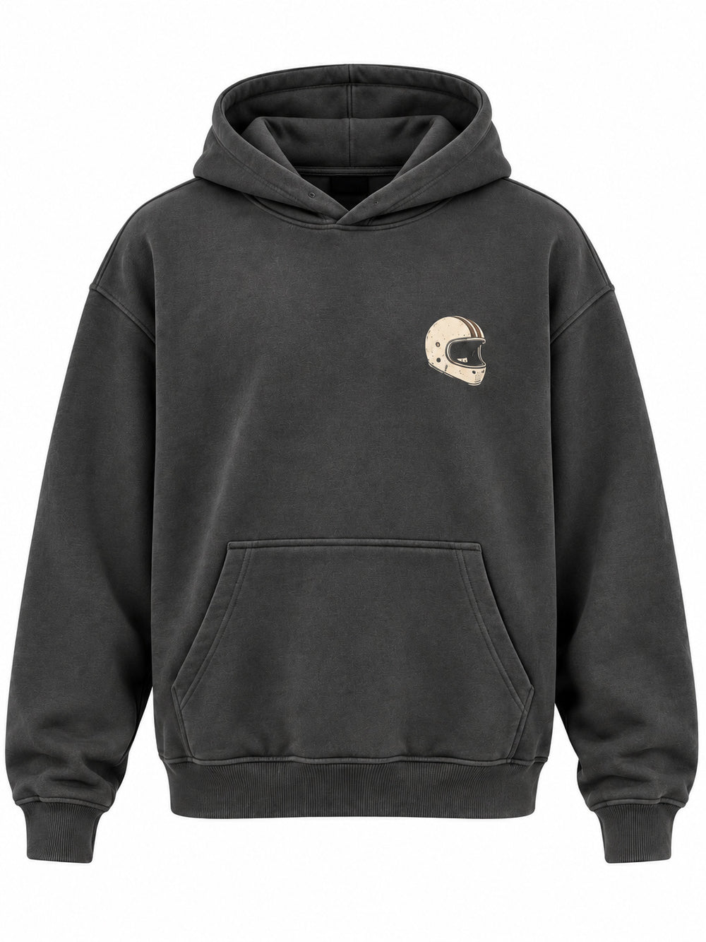 Front view of the Midnight Ride charcoal DTG print boxy hoodie with tiny cream helmet icon