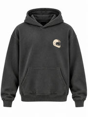 Front view of the Midnight Ride charcoal DTG print boxy hoodie with tiny cream helmet icon