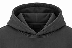 Close-up of the hood and neckline of the Midnight Ride charcoal DTG print boxy hoodie