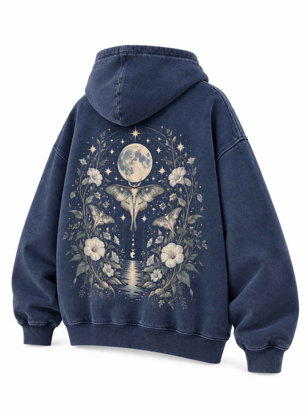 Rear three-quarter view of the Moon Garden washed indigo DTG print oversized hoodie