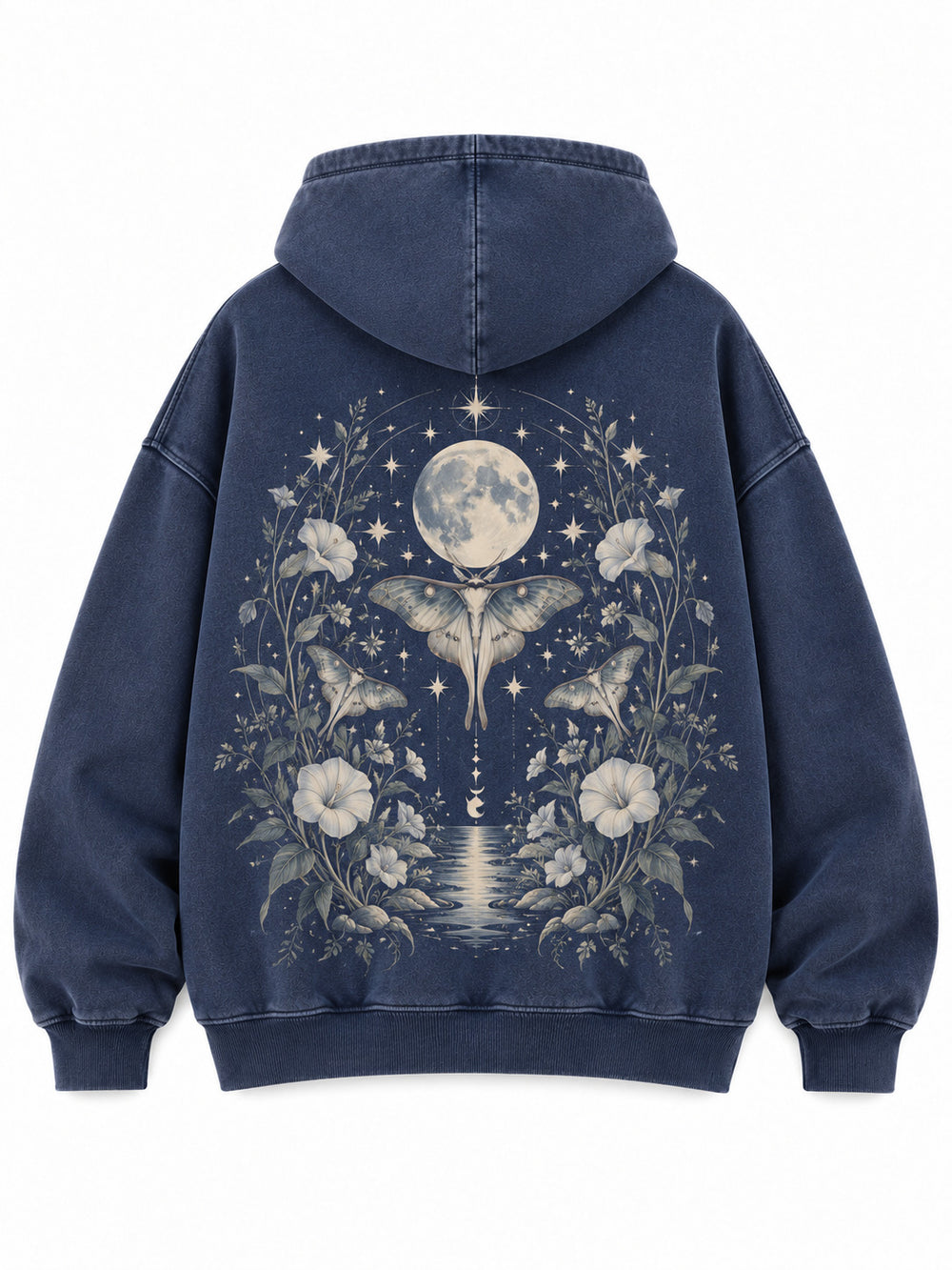 Back view of the Moon Garden washed indigo DTG print oversized hoodie with a moon, moth and botanical garden illustration
