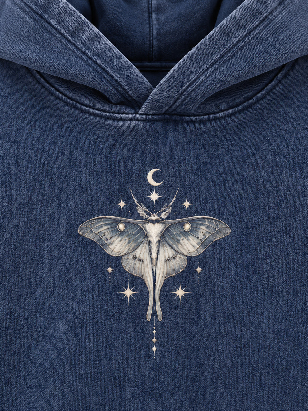 Close-up of the DTG print decoration on the Moon Garden washed indigo DTG print oversized hoodie