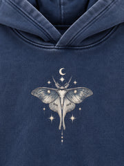 Close-up of the DTG print decoration on the Moon Garden washed indigo DTG print oversized hoodie