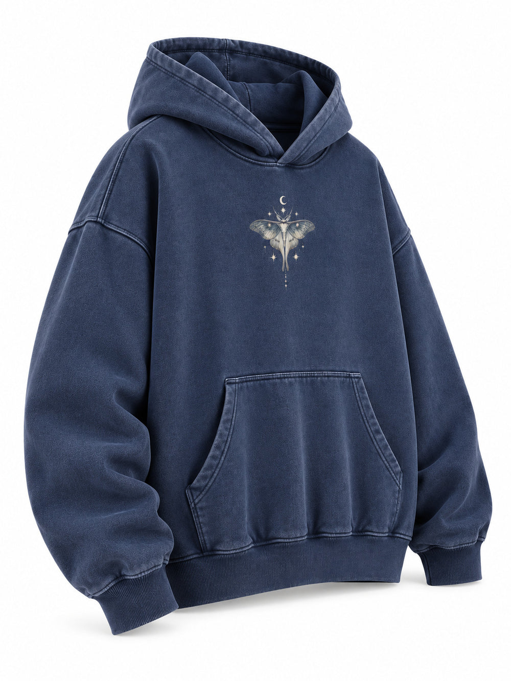 Front three-quarter view of the Moon Garden washed indigo DTG print oversized hoodie