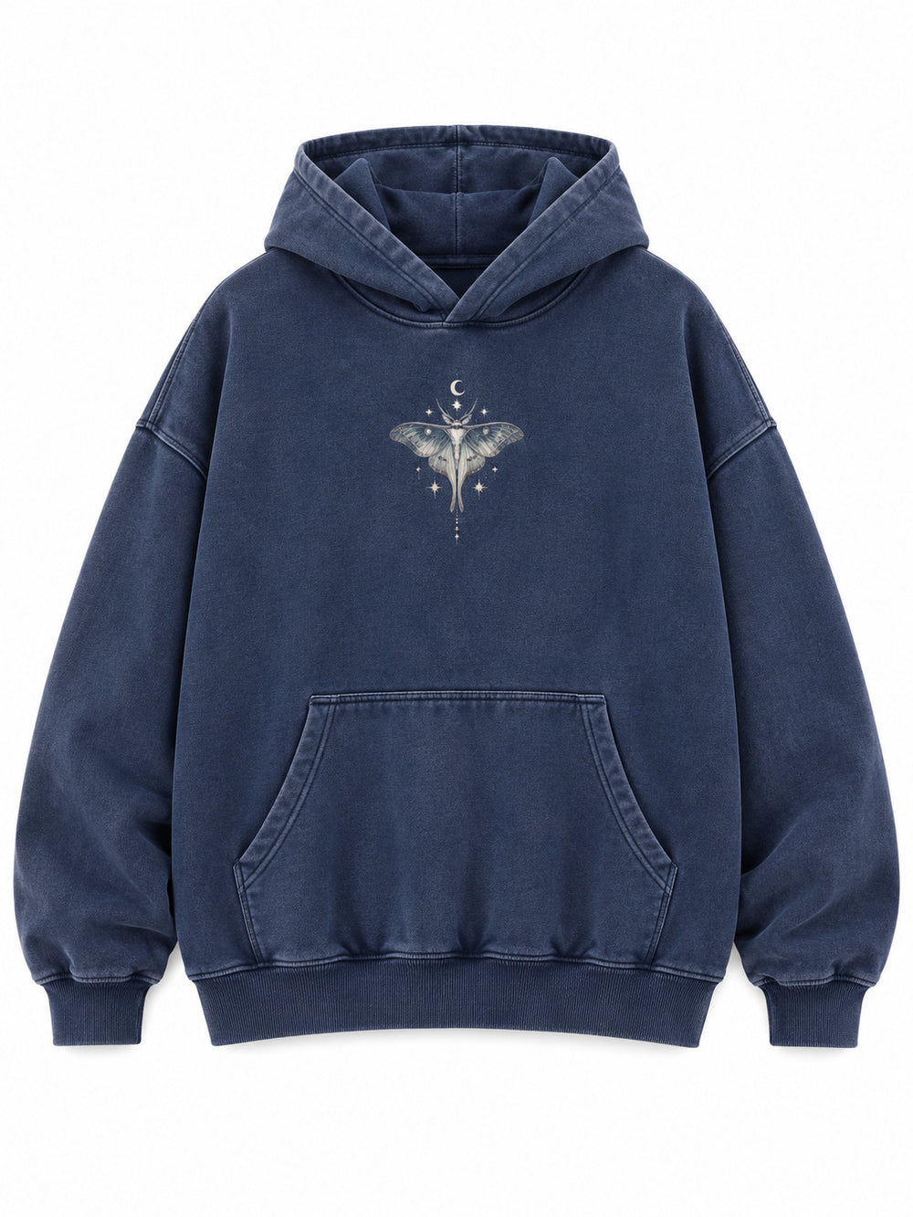 Front view of the Moon Garden washed indigo DTG print oversized hoodie with a small pale moth illustration at the chest
