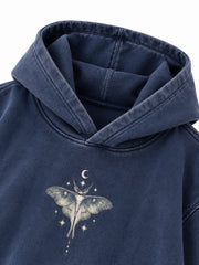 Close-up of the hood and neckline of the Moon Garden washed indigo DTG print oversized hoodie