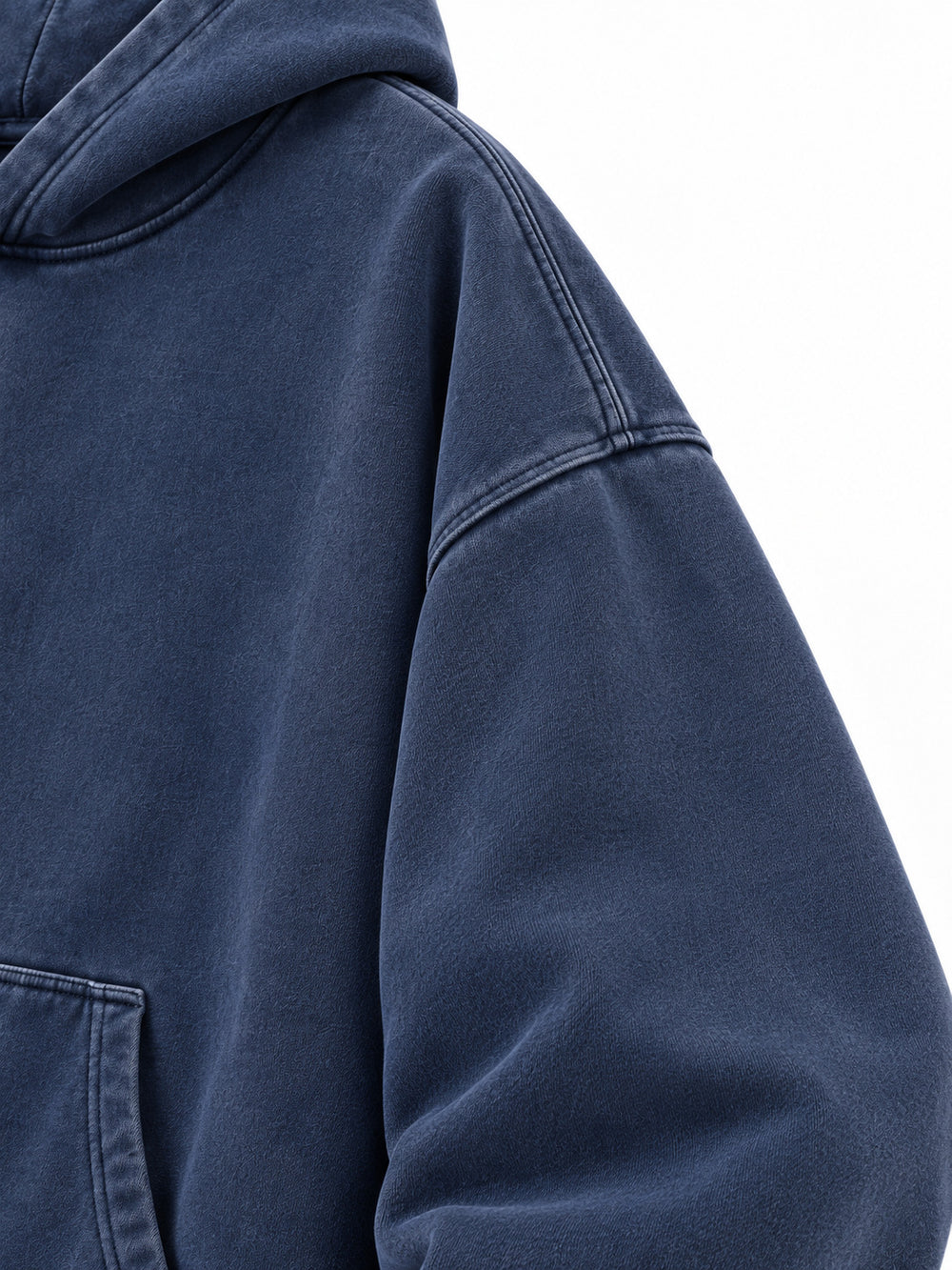 Close-up of the sleeve of the Moon Garden washed indigo DTG print oversized hoodie