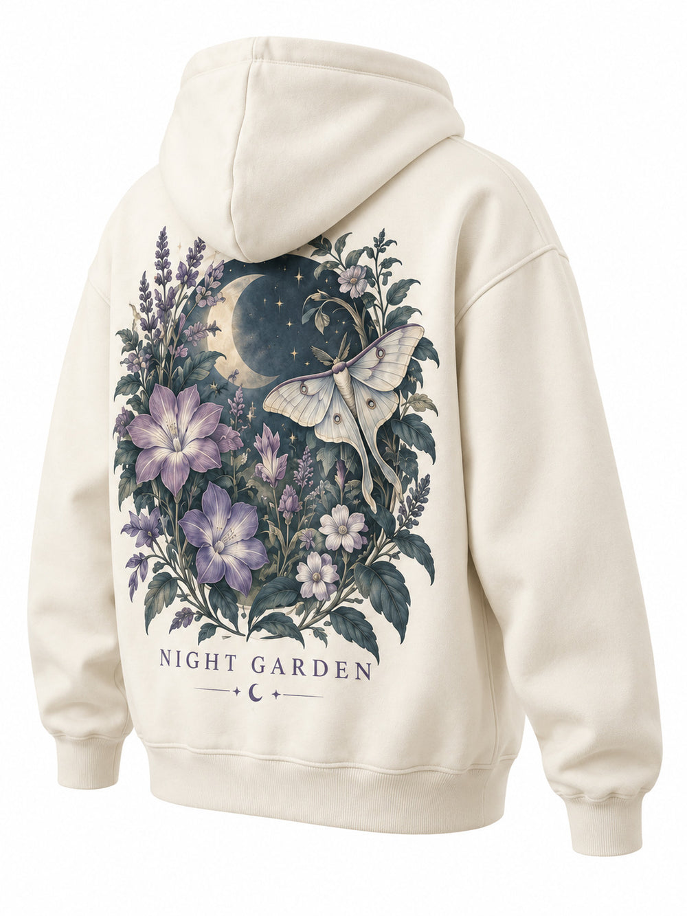 Rear three-quarter view of the Night Garden ivory DTG print oversized hoodie