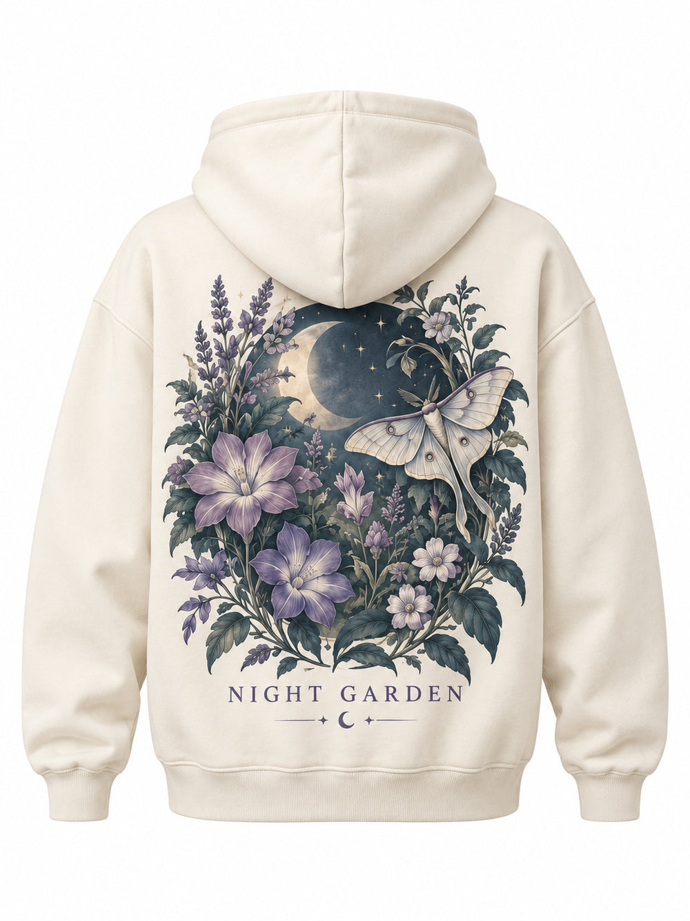 Back view of the Night Garden ivory DTG print oversized hoodie with detailed night-garden illustration with a moth, lavender, moon and teal foliage