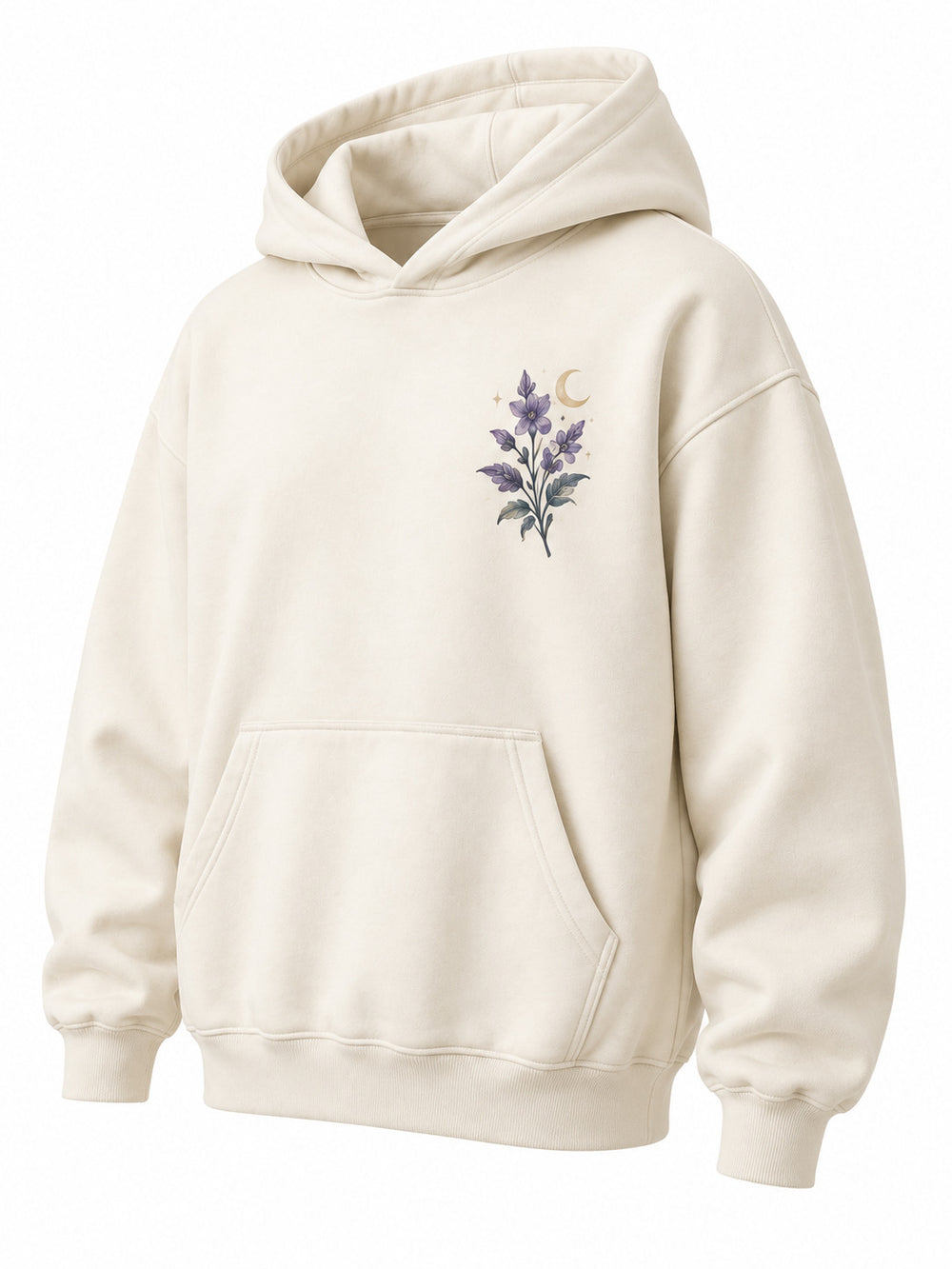 Front three-quarter view of the Night Garden ivory DTG print oversized hoodie