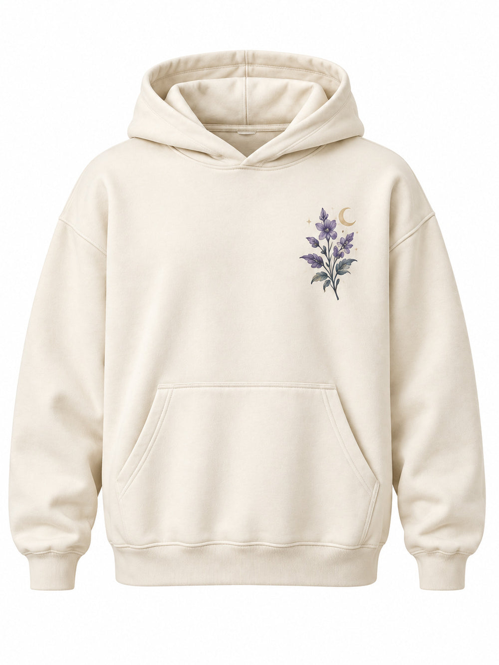 Front view of the Night Garden ivory DTG print oversized hoodie with small purple night flower print on the left chest