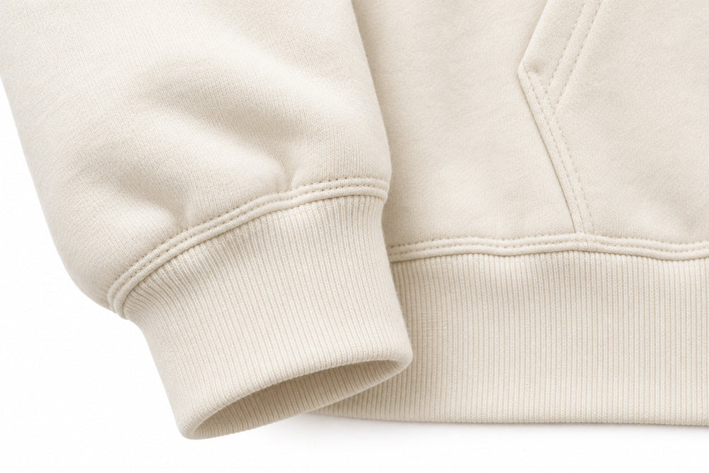 Close-up of the seam stitching of the Night Garden ivory DTG print oversized hoodie
