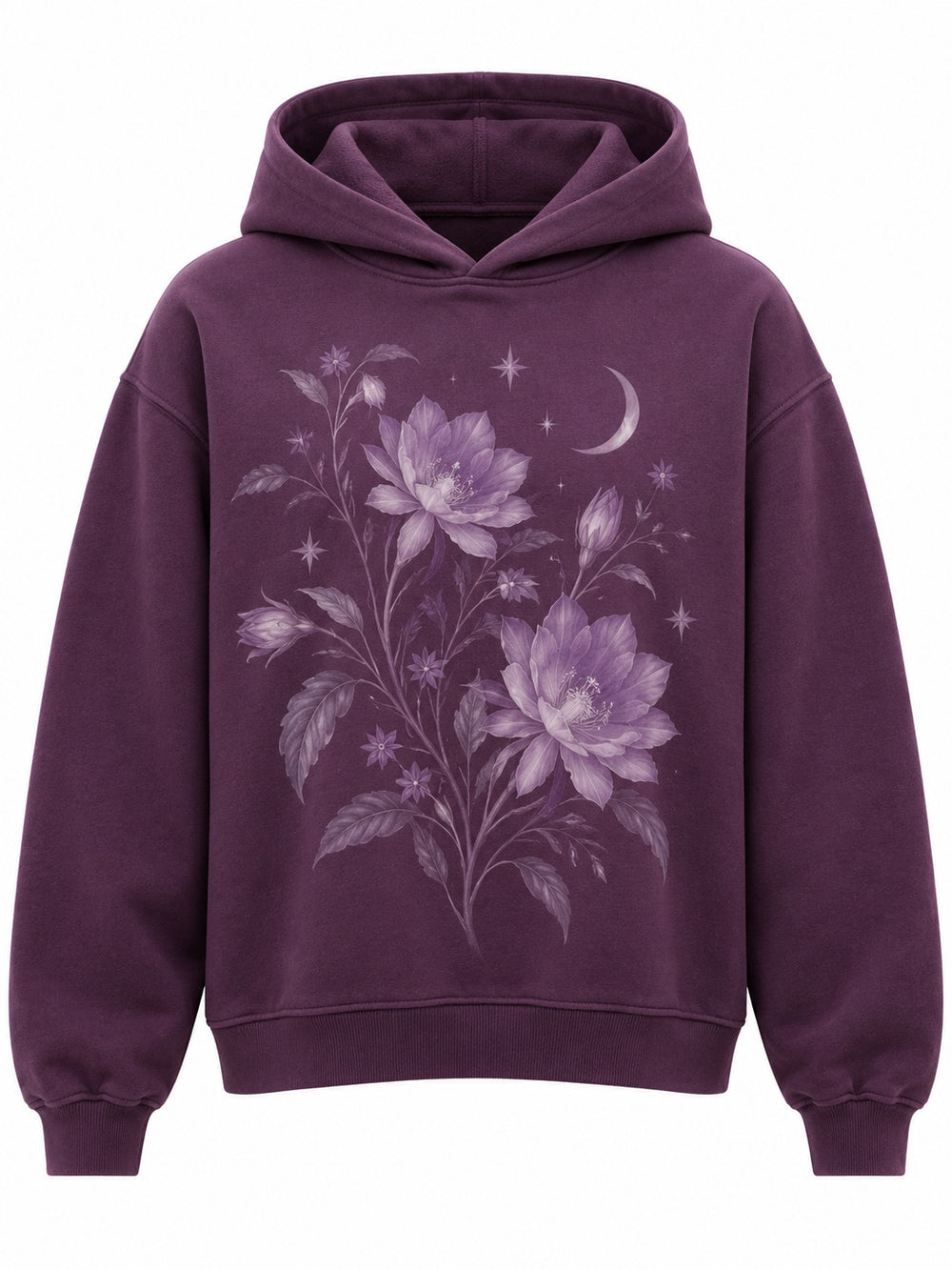 Front view of the Nocturne Flora plum DTG print boxy hoodie with moonlit lilac flowers, stars and a crescent moon across the chest