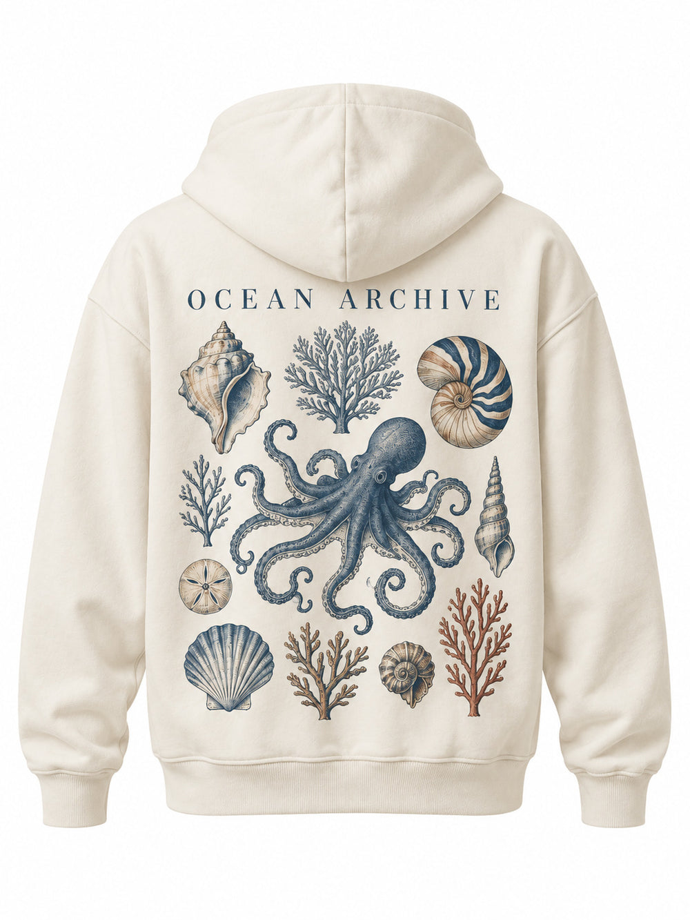 Back view of the Ocean Archive bone DTG print hoodie with vintage scientific-plate illustration of shells, coral and a blue octopus, captioned OCEAN ARCHIVE