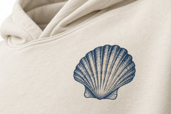 Close-up of the DTG print decoration on the Ocean Archive bone DTG print hoodie