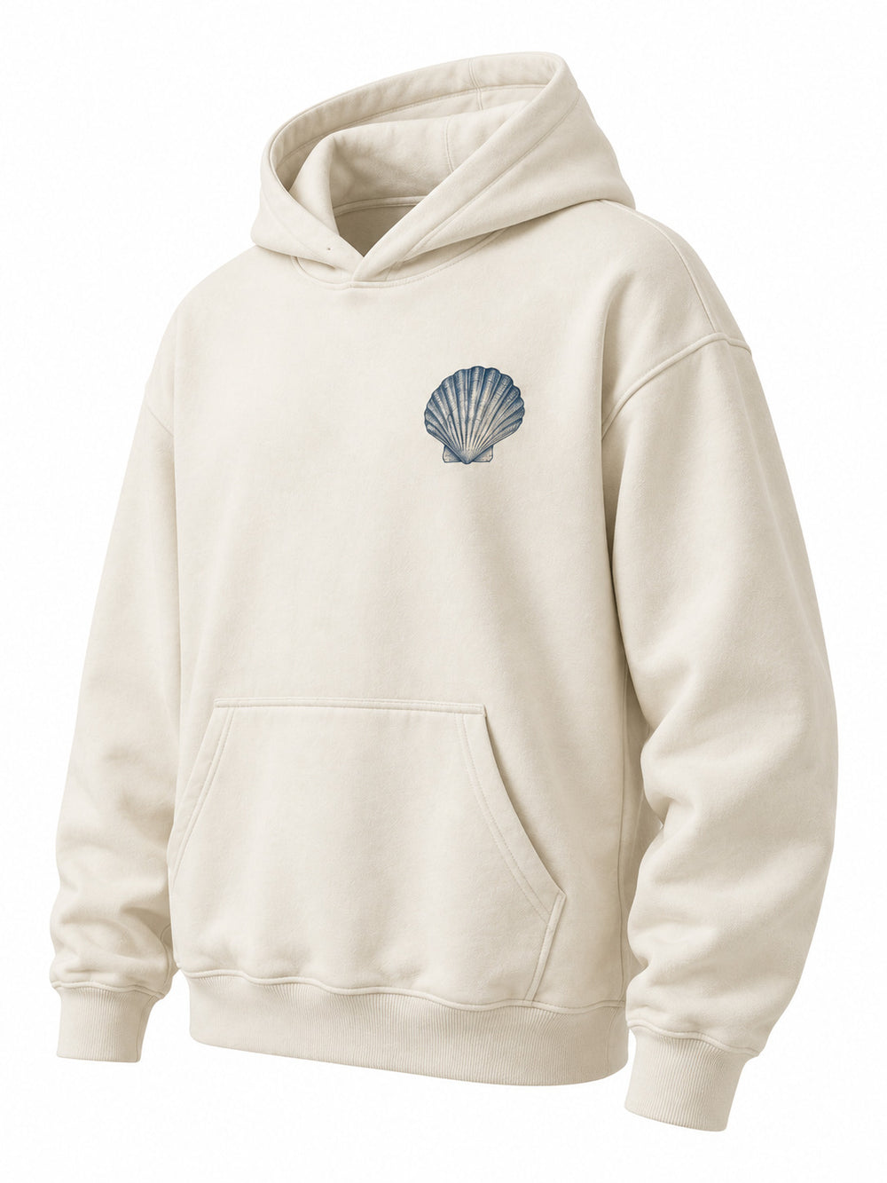 Front three-quarter view of the Ocean Archive bone DTG print hoodie