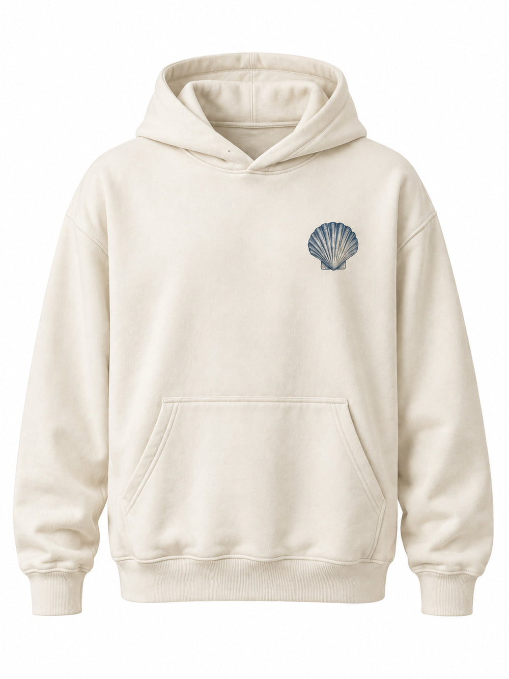 Front view of the Ocean Archive bone DTG print hoodie with small navy shell illustration on the left chest