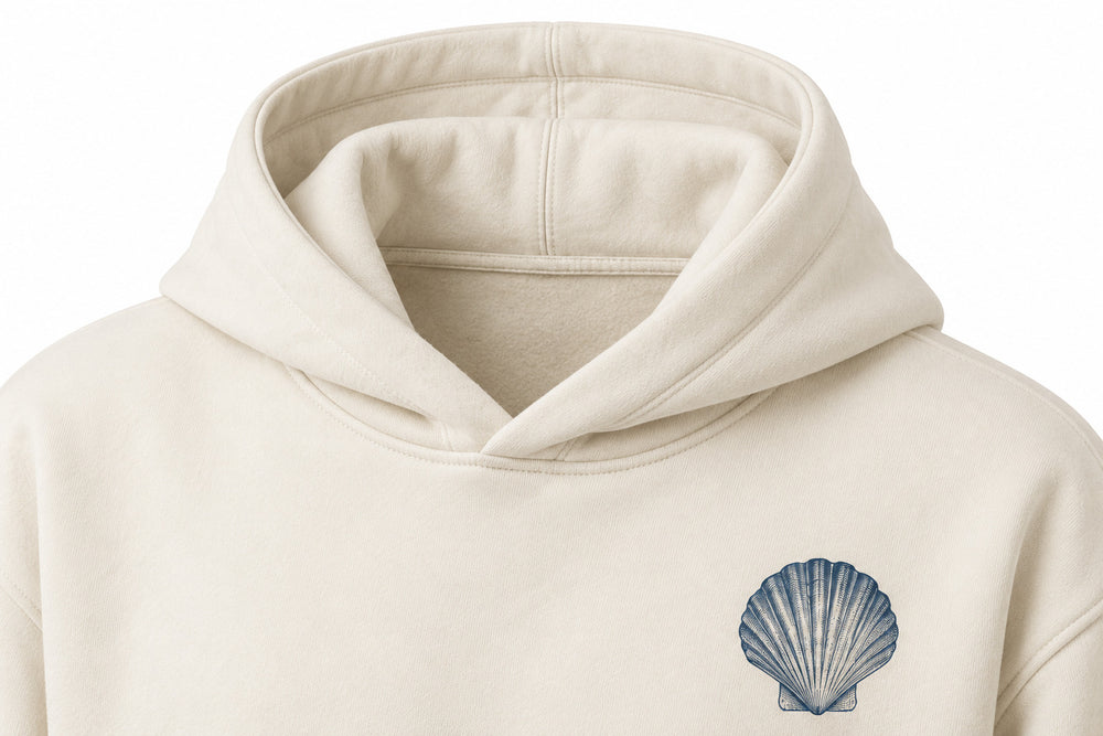 Close-up of the hood and neckline of the Ocean Archive bone DTG print hoodie