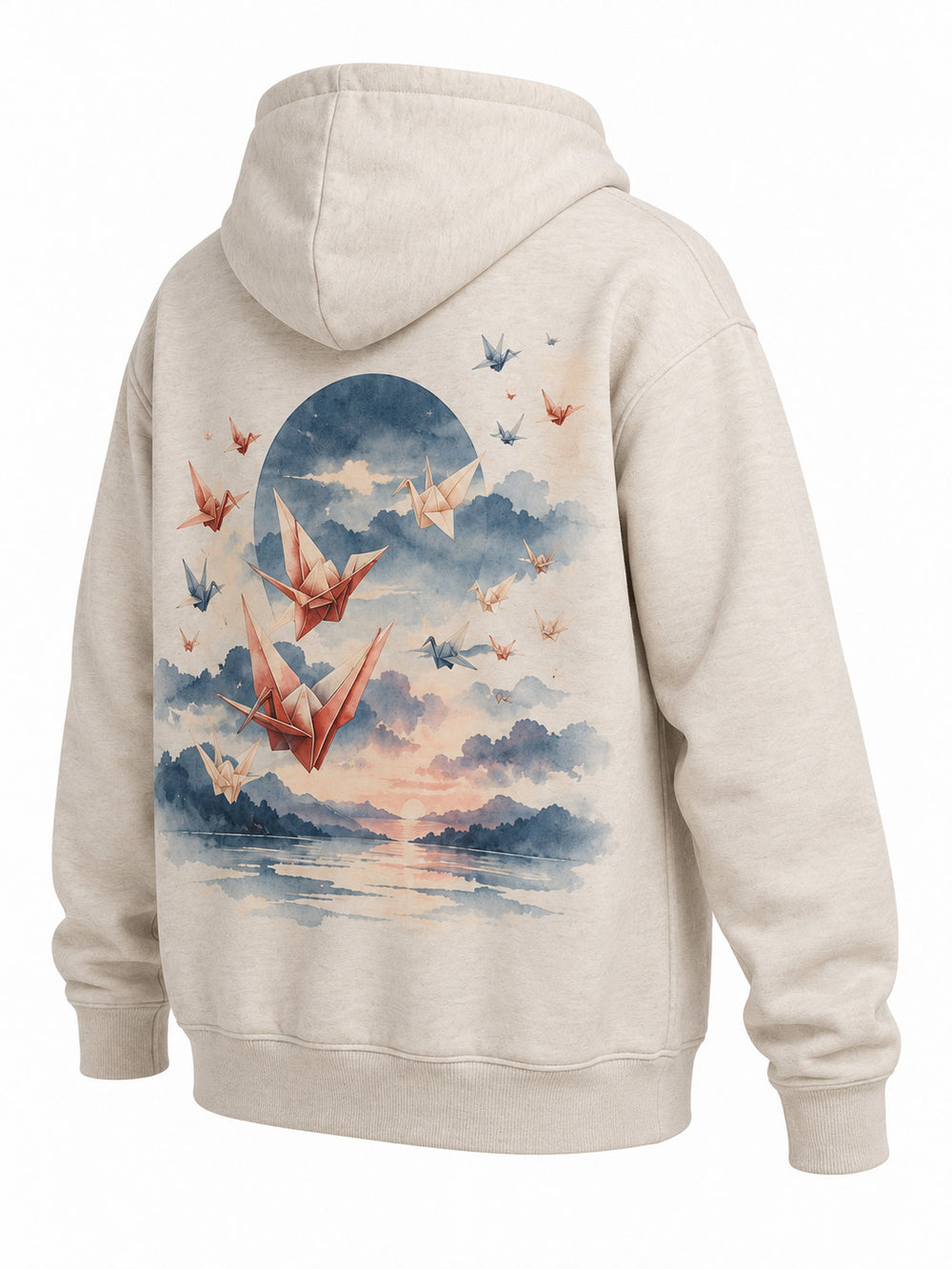 Rear three-quarter view of the Paper Crane oatmeal DTG print hoodie