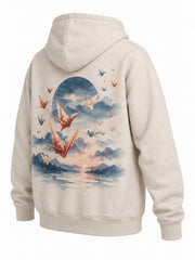 Rear three-quarter view of the Paper Crane oatmeal DTG print hoodie