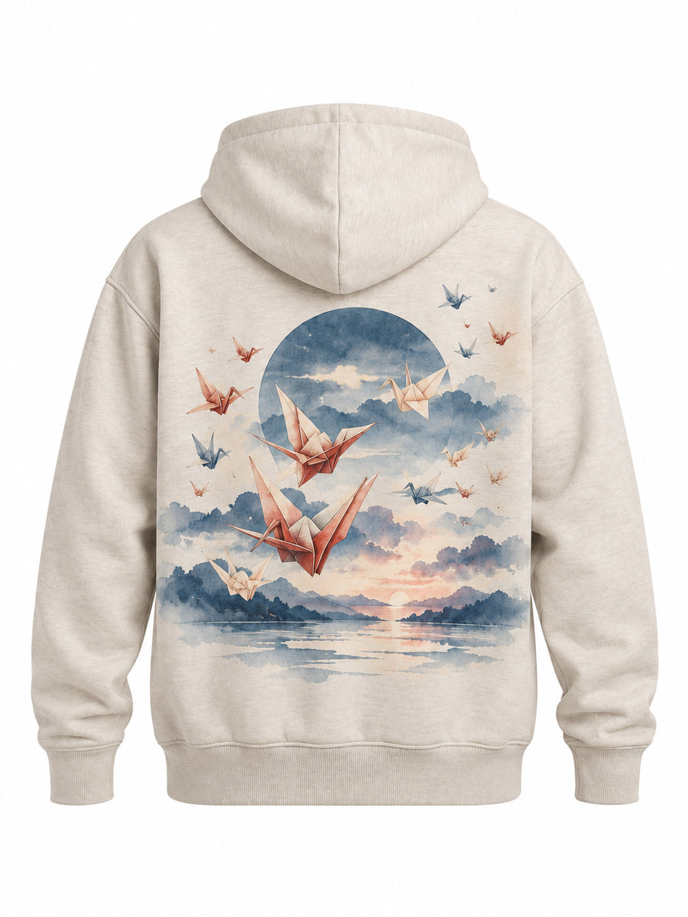 Back view of the Paper Crane oatmeal DTG print hoodie with flock of paper cranes over a muted indigo sunrise, captioned PAPER CRANE