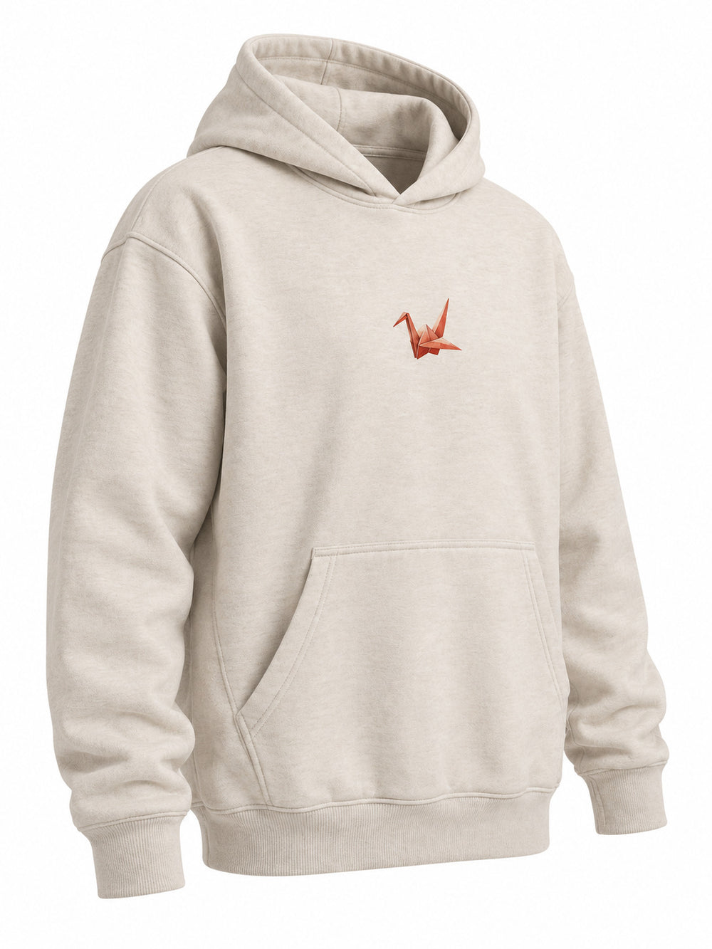 Front three-quarter view of the Paper Crane oatmeal DTG print hoodie