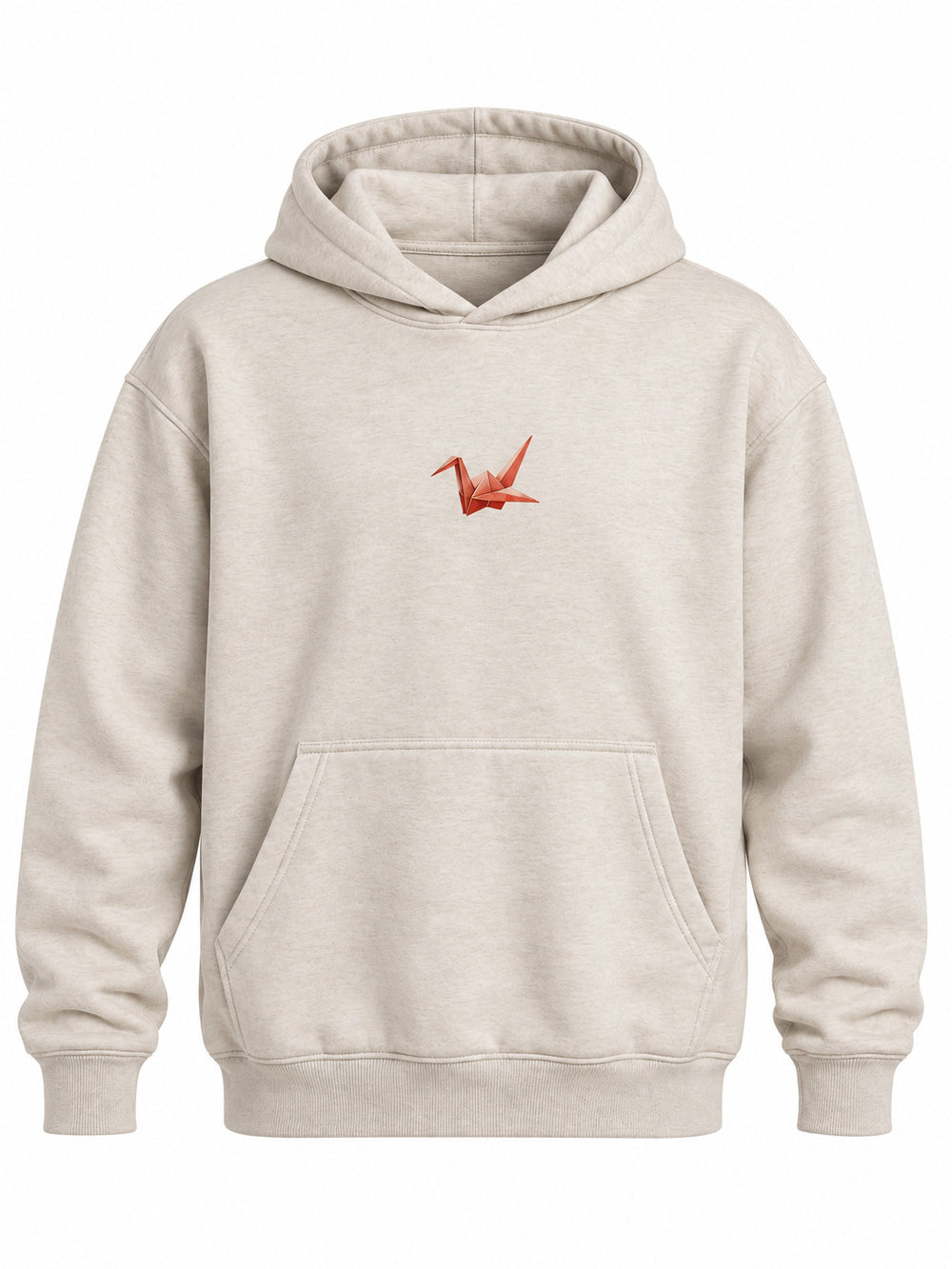 Front view of the Paper Crane oatmeal DTG print hoodie with small red origami crane at the center chest