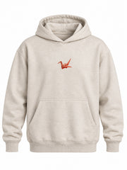 Front view of the Paper Crane oatmeal DTG print hoodie with small red origami crane at the center chest