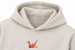 Close-up of the hood and neckline of the Paper Crane oatmeal DTG print hoodie
