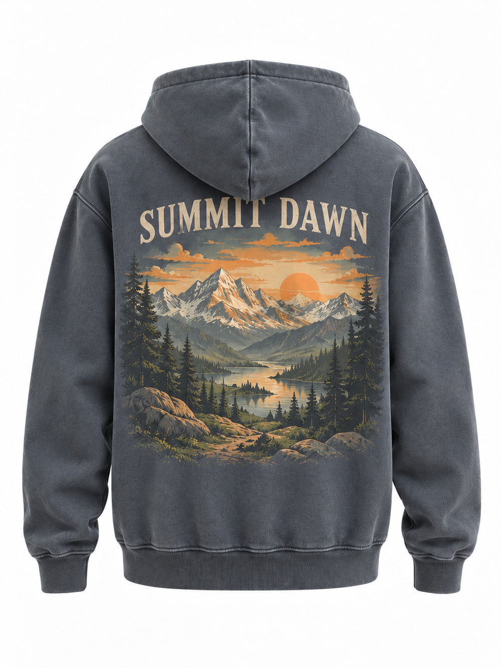 Back view of the Summit Dawn washed slate DTG print hoodie with painterly mountain valley at sunrise in cream, orange and moss, captioned SUMMIT DAWN
