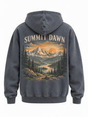 Back view of the Summit Dawn washed slate DTG print hoodie with painterly mountain valley at sunrise in cream, orange and moss, captioned SUMMIT DAWN