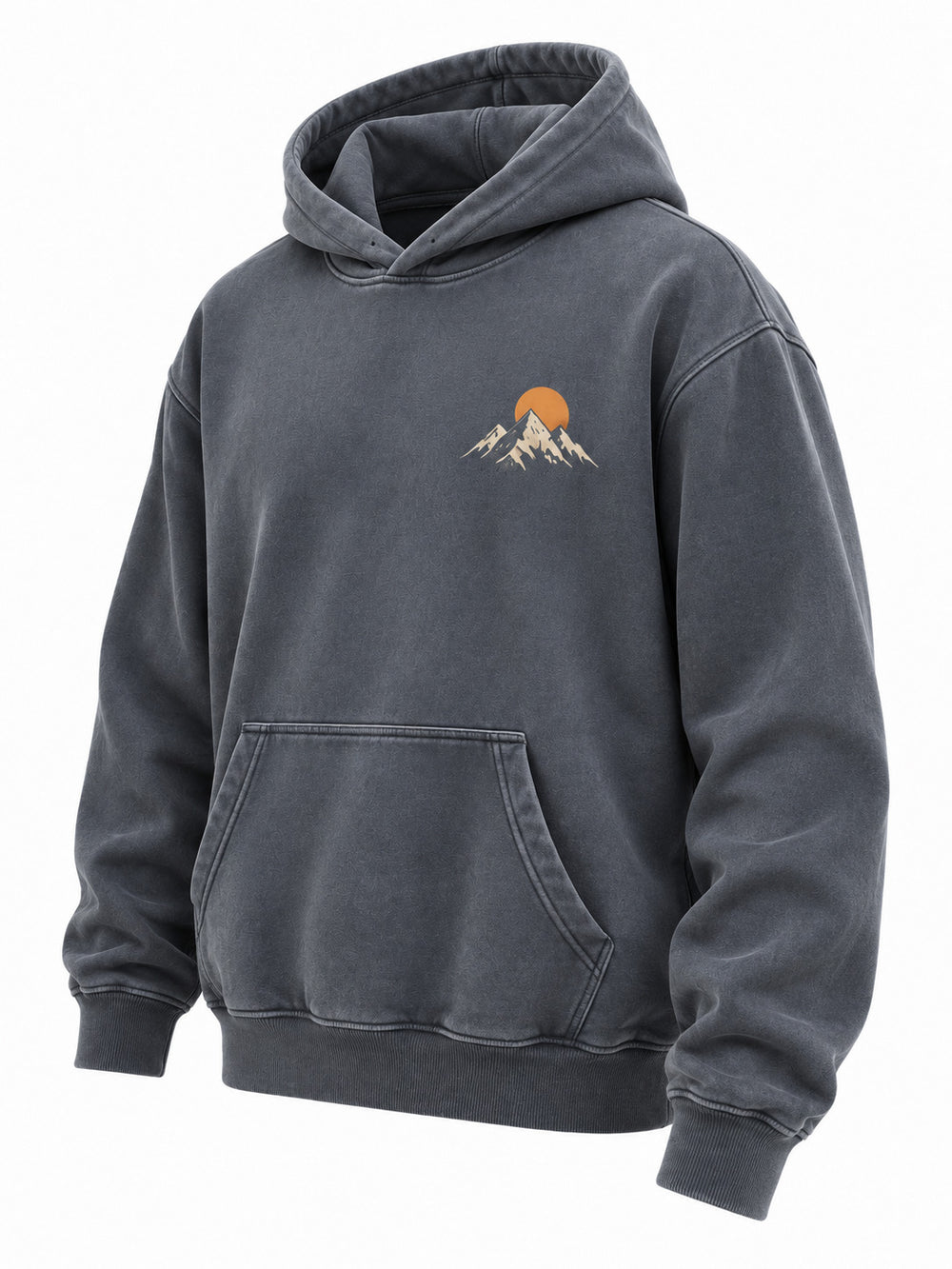 Front three-quarter view of the Summit Dawn washed slate DTG print hoodie