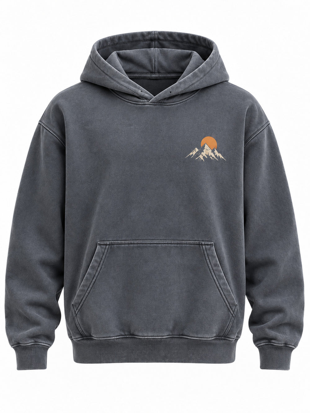 Front view of the Summit Dawn washed slate DTG print hoodie with small orange sun and cream mountain emblem