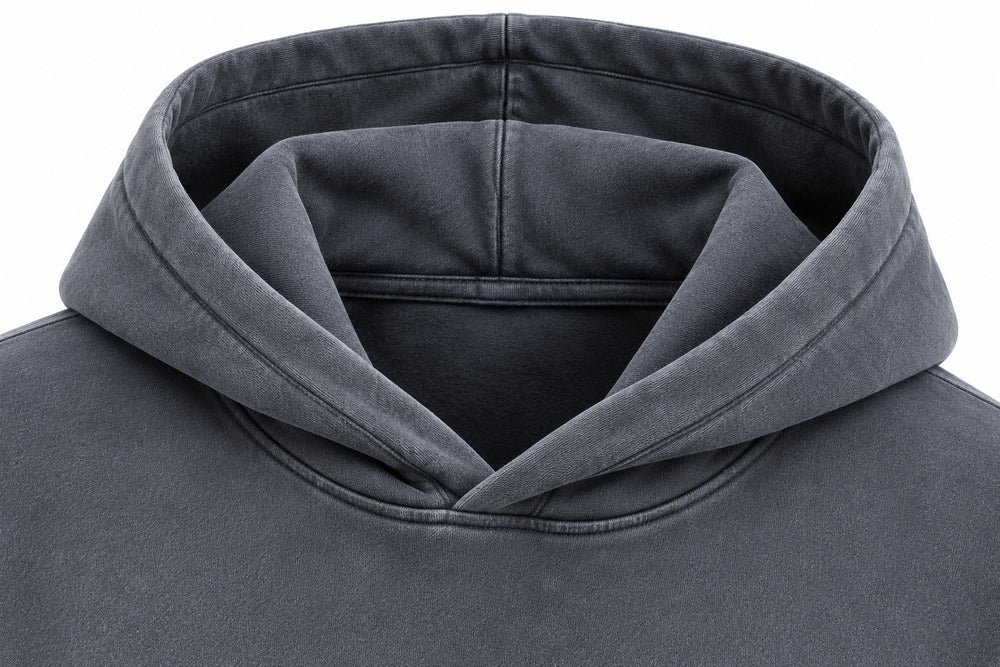 Close-up of the hood and neckline of the Summit Dawn washed slate DTG print hoodie