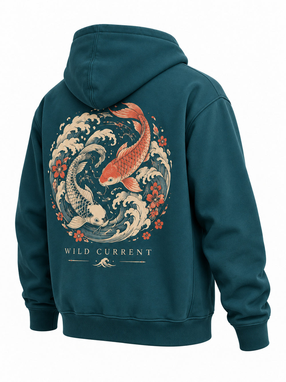 Rear three-quarter view of the Wild Current deep teal DTG print hoodie