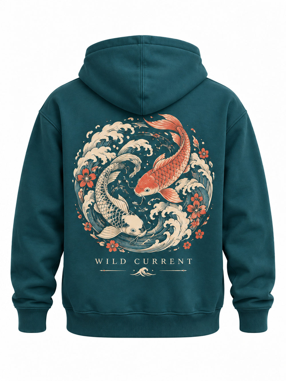 Back view of the Wild Current deep teal DTG print hoodie with koi swimming through coral-and-cream circular waves, captioned WILD CURRENT