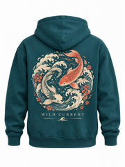 Back view of the Wild Current deep teal DTG print hoodie with koi swimming through coral-and-cream circular waves, captioned WILD CURRENT