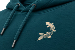 Close-up of the DTG print decoration on the Wild Current deep teal DTG print hoodie