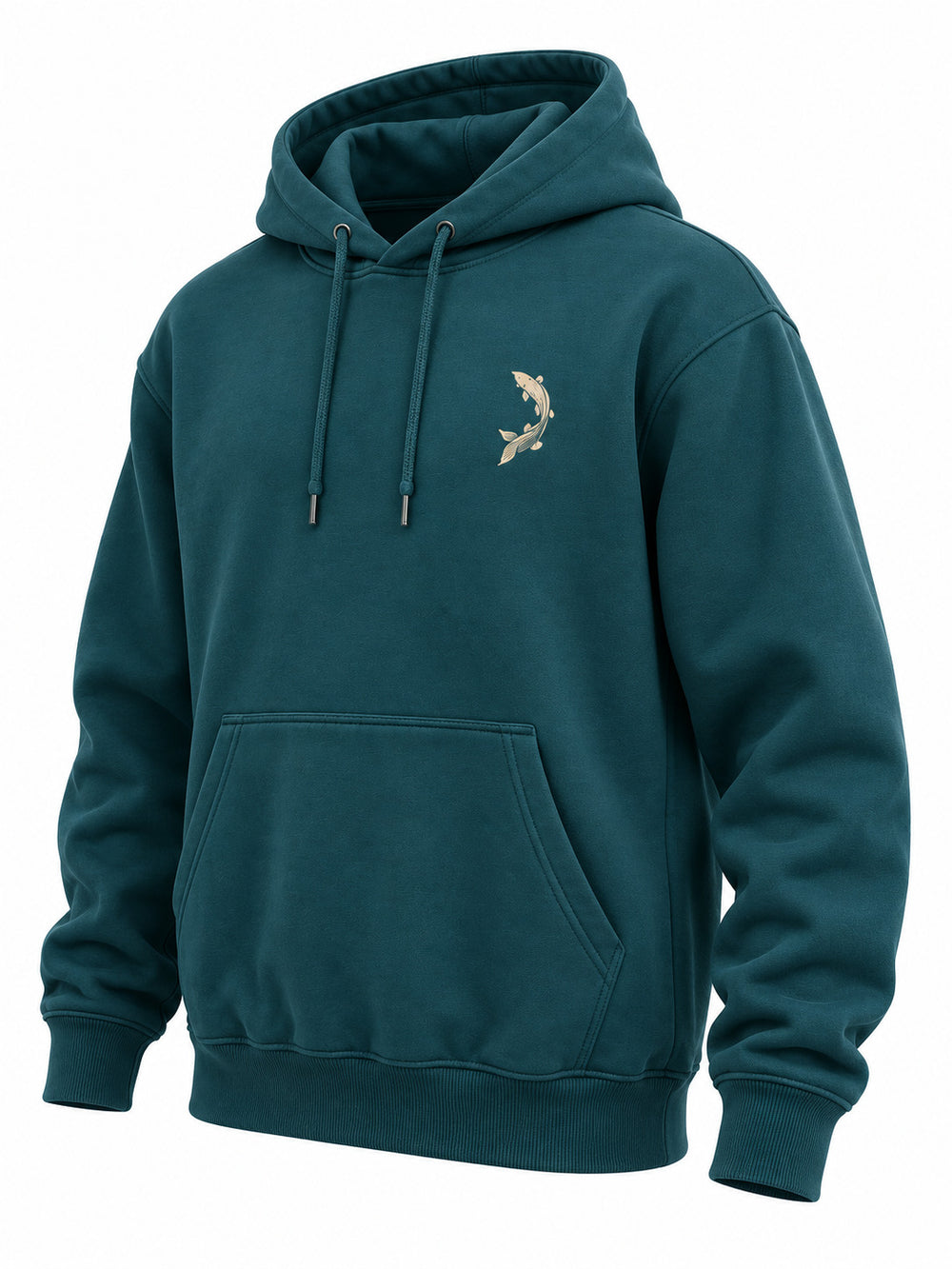 Front three-quarter view of the Wild Current deep teal DTG print hoodie