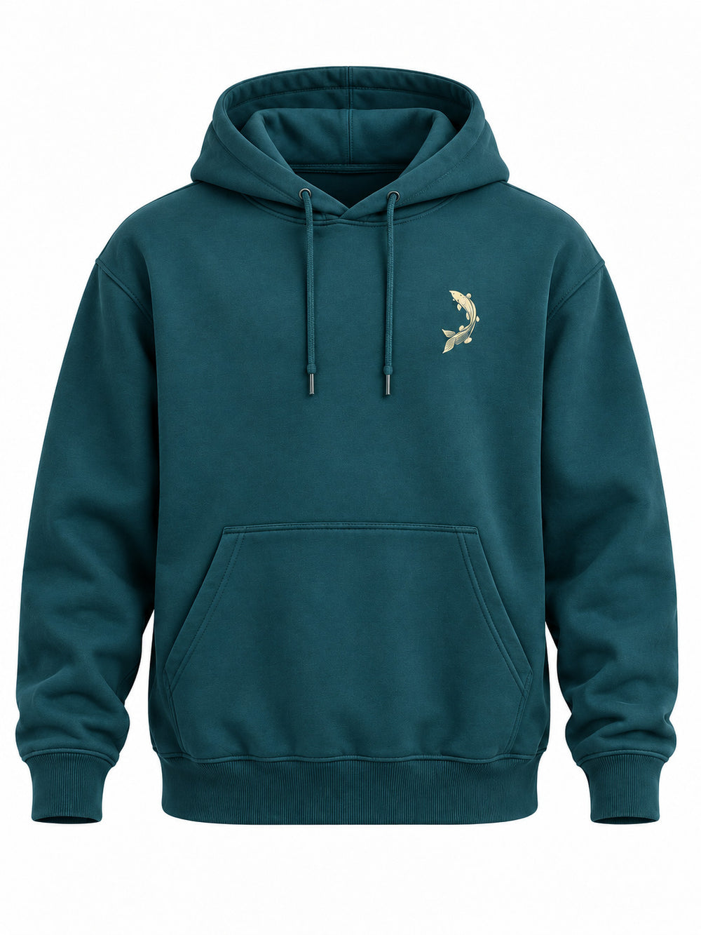 Front view of the Wild Current deep teal DTG print hoodie with tiny cream fish emblem