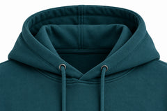 Close-up of the hood and neckline of the Wild Current deep teal DTG print hoodie