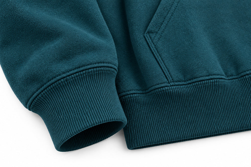 Close-up of the seam stitching of the Wild Current deep teal DTG print hoodie