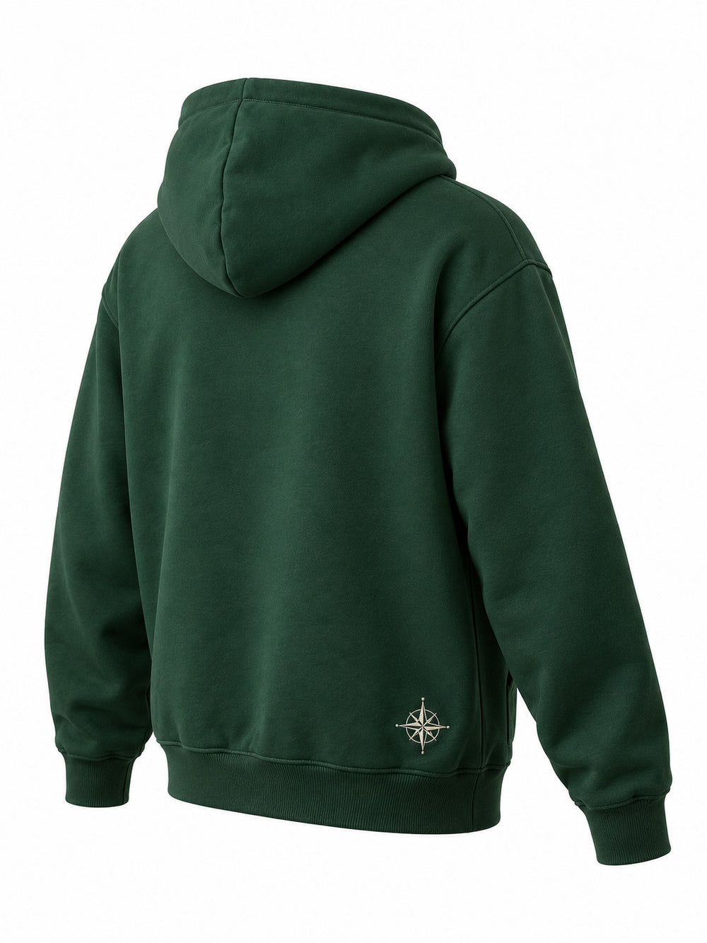 Rear three-quarter view of the Alpine Crest forest green embroidered hoodie